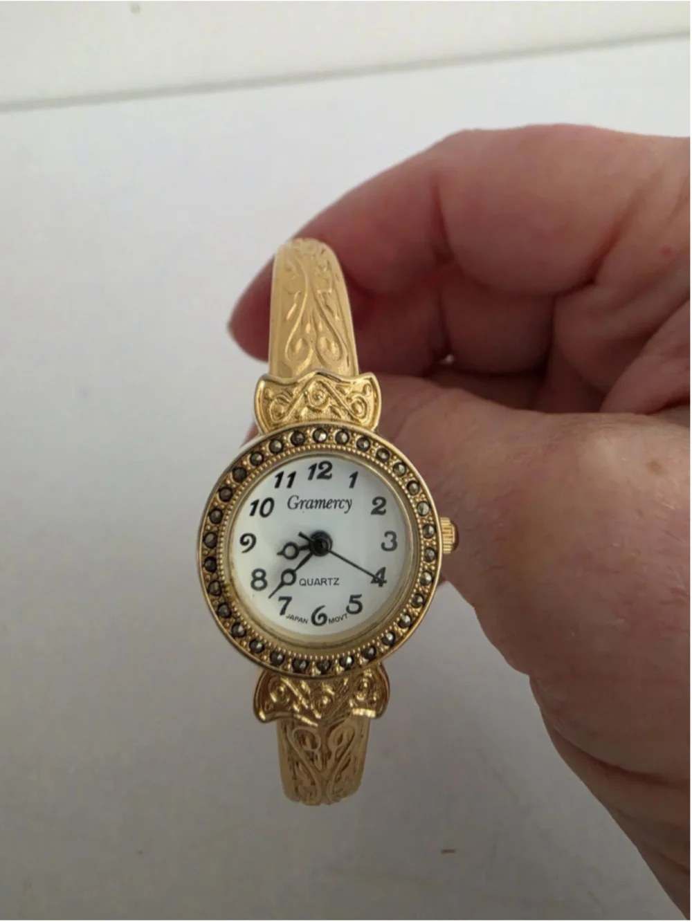 Vintage Gramercy Gold Tone Cuff Watch Rhinestone Bezel Quartz Expansion Band